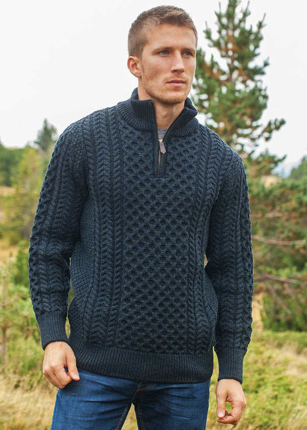 Aran Merino Wool Half Zip Sweater | Blackwatch