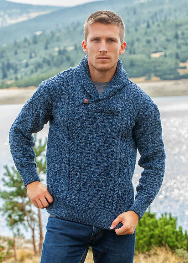 Aran Shawl Neck Sweater | Denim