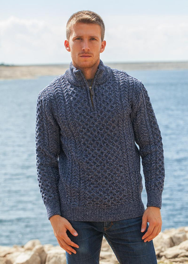 Aran Merino Wool Half Zip Sweater | Denim