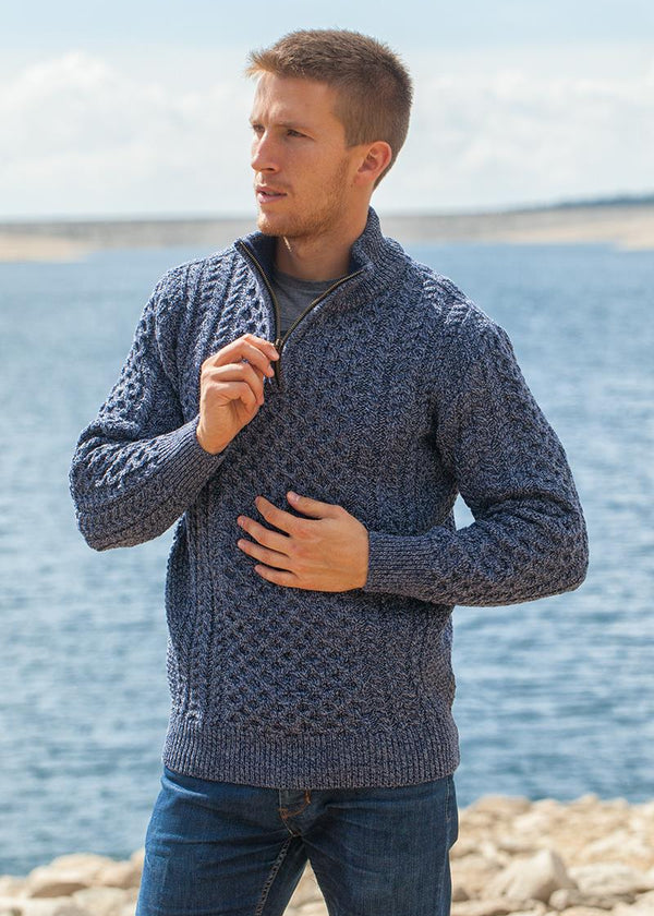 Aran Merino Wool Half Zip Sweater | Denim