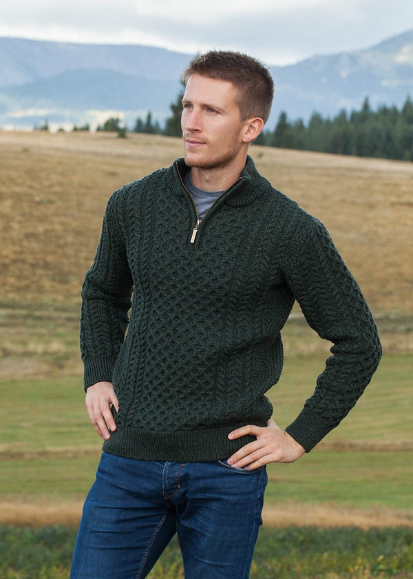 Aran Merino Wool Half Zip Sweater | Green