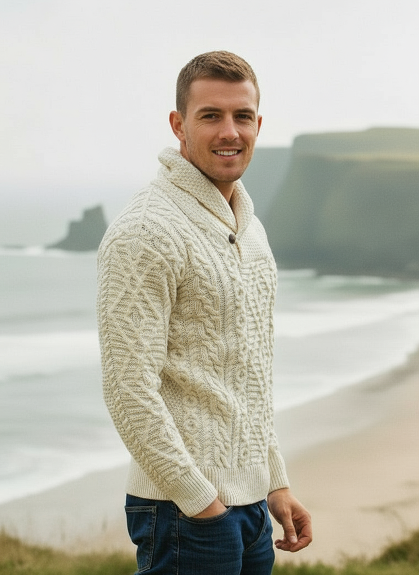 Aran Shawl Neck Sweater | Natural