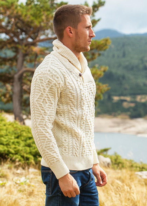 Aran Shawl Neck Sweater | Natural