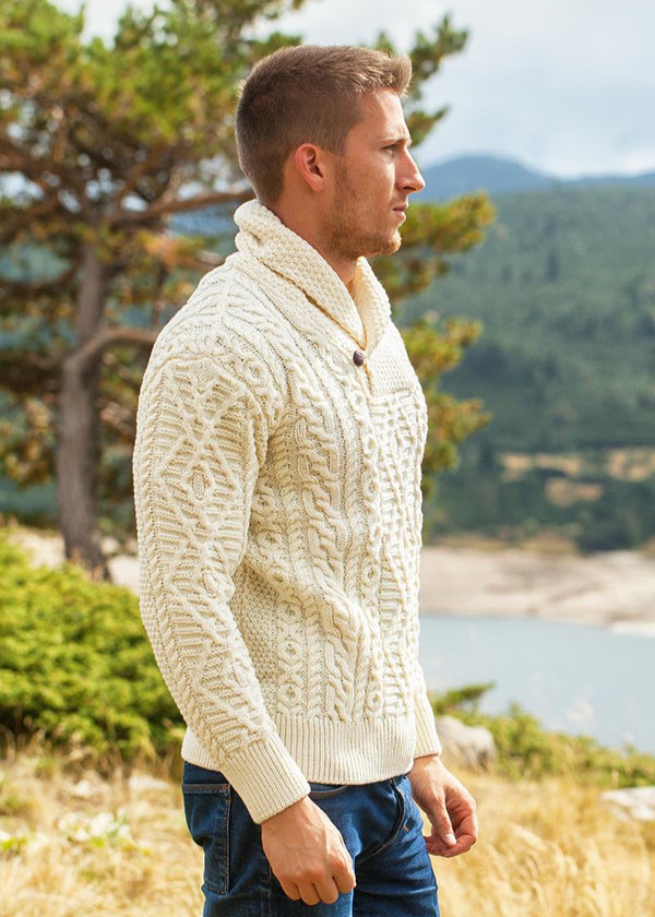 Aran Shawl Neck Sweater | Natural