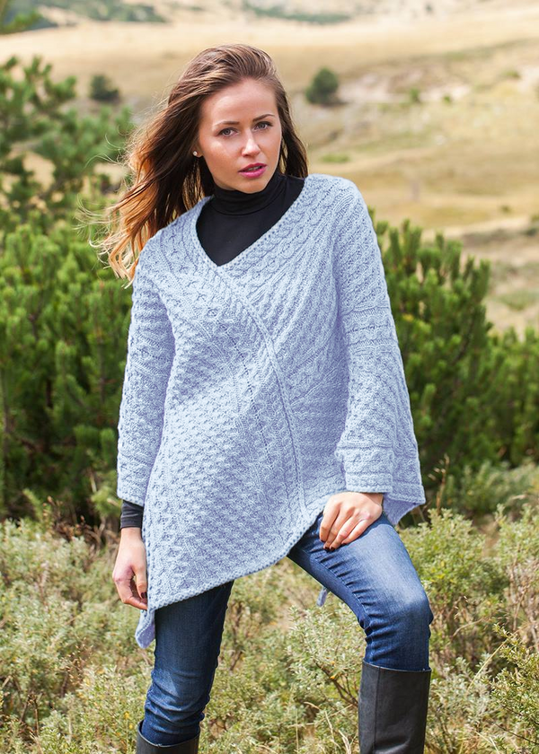 Aran Merino Wool V Poncho | Sky