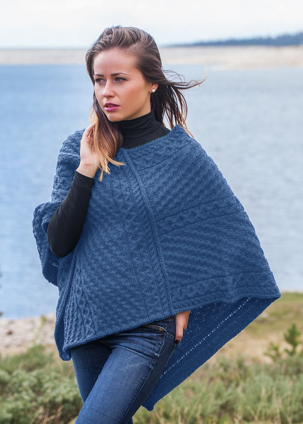 Aran Merino Wool V Poncho | Denim Marl - Clearance