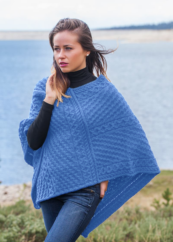 Aran Merino Wool V Poncho | Denim Marl