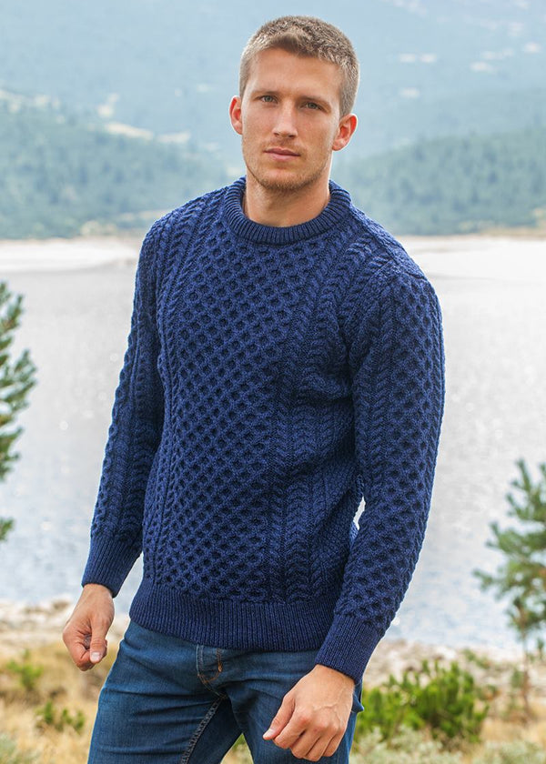 Unisex Aran Sweater | Deep Water Blue