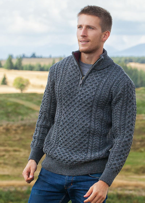Aran Merino Wool Half Zip Sweater | Slate