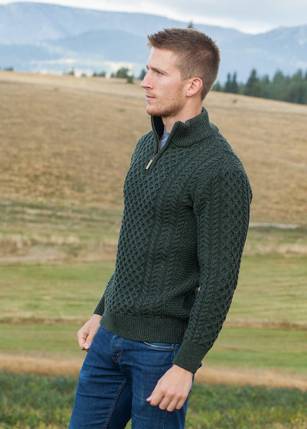Aran Merino Wool Half Zip Sweater | Green