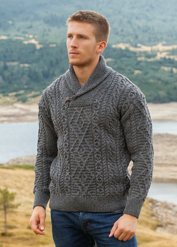 Aran Shawl Neck Sweater | Slate