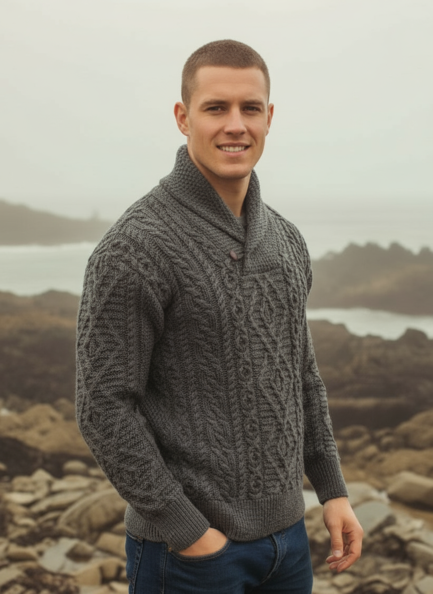 Aran Shawl Neck Sweater | Slate
