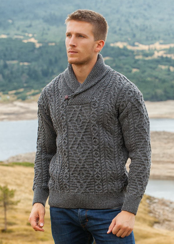 Aran Shawl Neck Sweater | Slate
