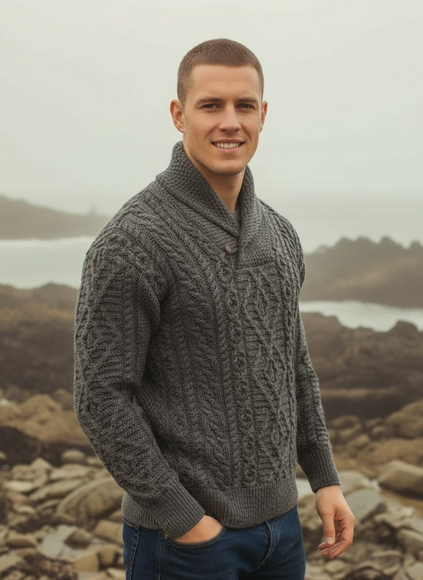 Aran Shawl Neck Sweater | Slate