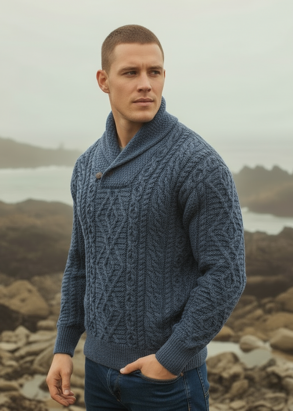Aran Shawl Neck Sweater | Denim