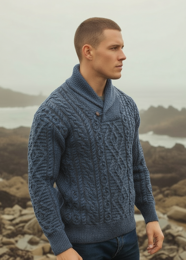 Aran Shawl Neck Sweater | Denim