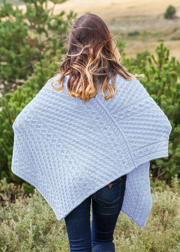 Aran Merino Wool V Poncho | Sky