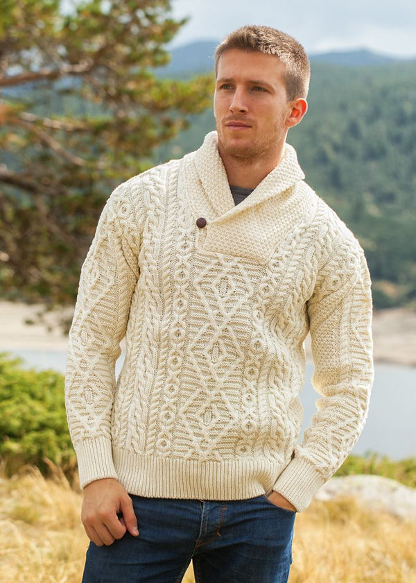 Aran Shawl Neck Sweater | Natural
