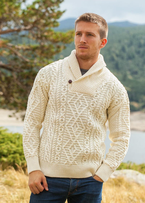 Aran Shawl Neck Sweater | Natural