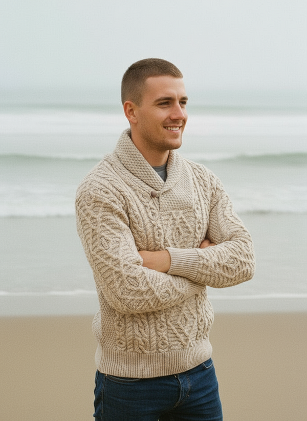 Aran Shawl Neck Sweater | Camel