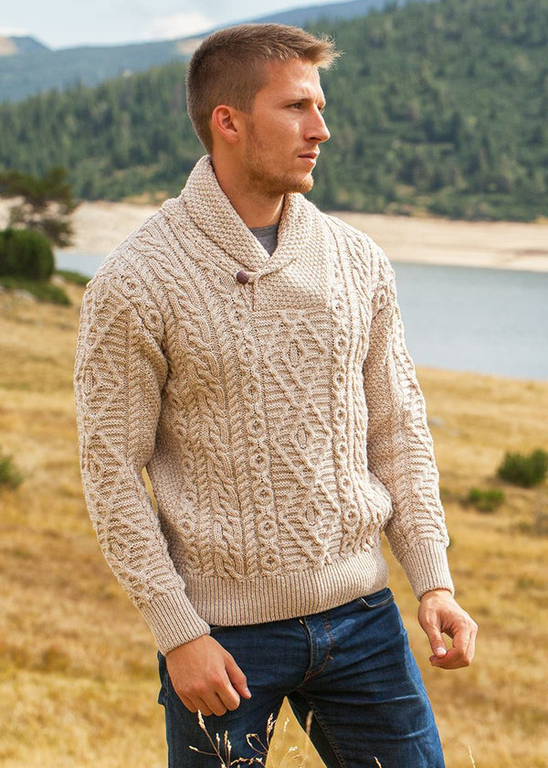 Aran Shawl Neck Sweater | Camel