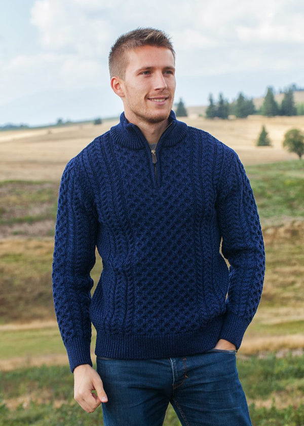 Men's Aran Half Zip Sweater | Deep Water Blue