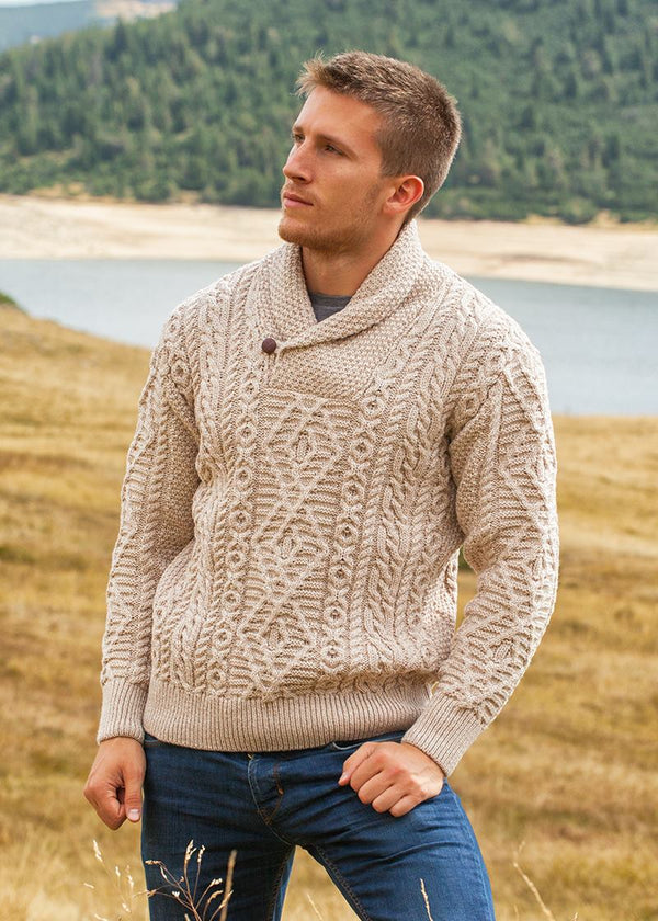 Aran Shawl Neck Sweater | Camel