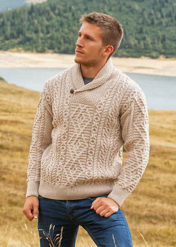 Aran Shawl Neck Sweater | Camel