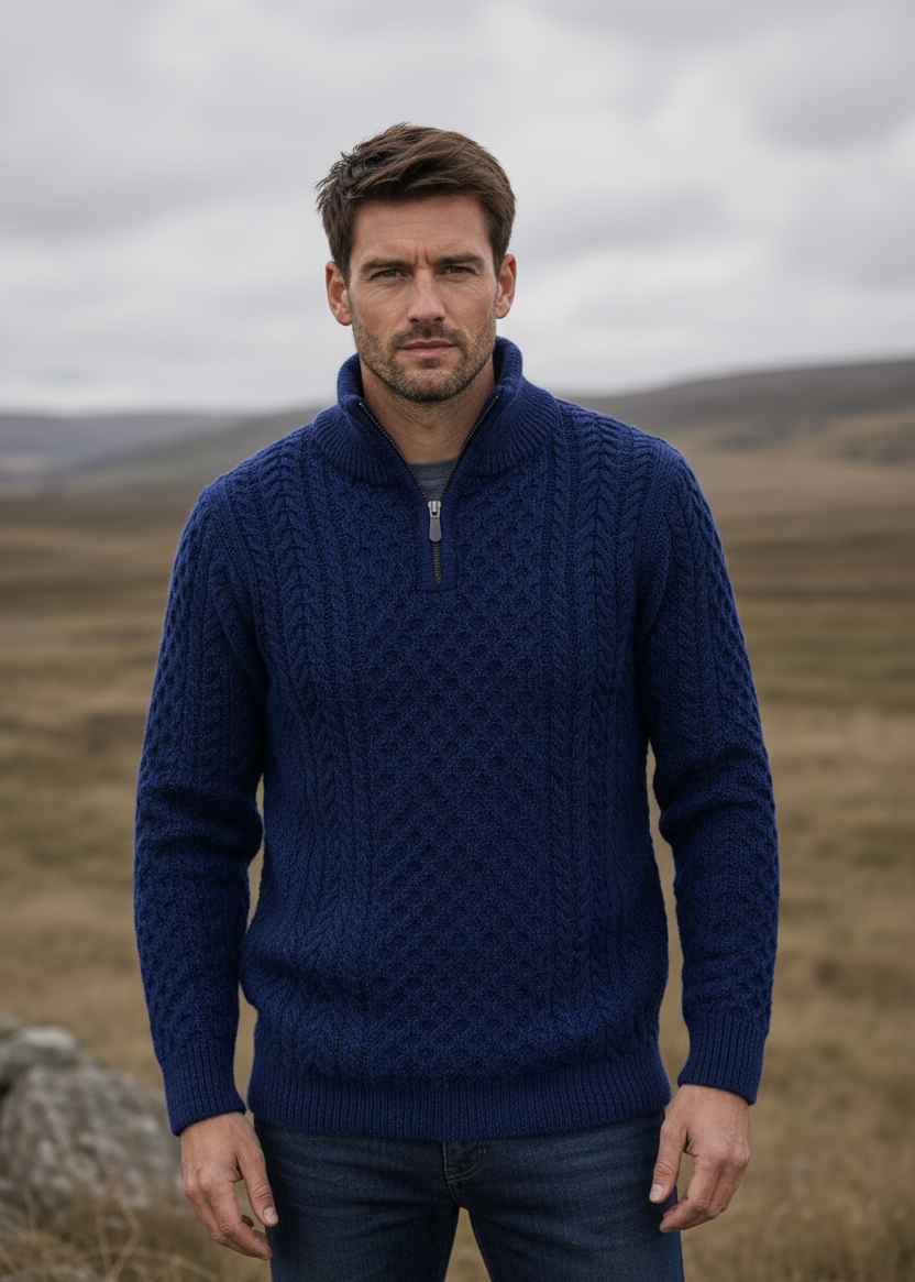 Men's Aran Half Zip Sweater | Deep Water Blue