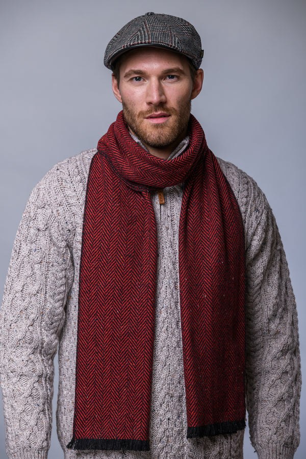 Mucros Donegal Wool Scarf - Red Herringbone | Made in Ireland