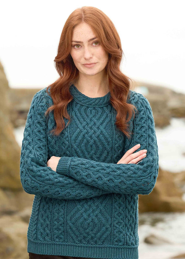 Aran Cable Knit Merino Wool Sweater - Bermuda Blue | Irish Crafted