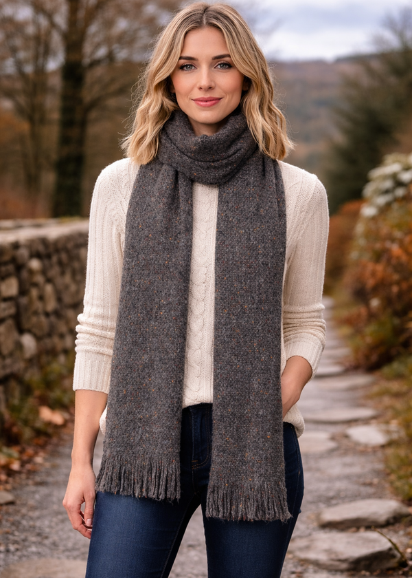 Mucros Islander Aran Scarf - Handcrafted Irish Alpaca Wool Blend | Grey Speckle