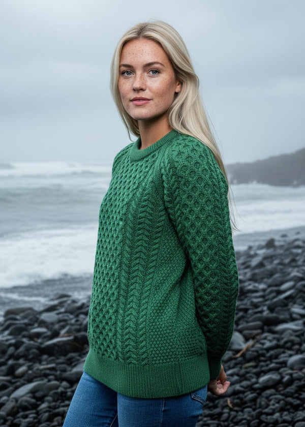Ladies Slim-Fit Aran Sweater | Green