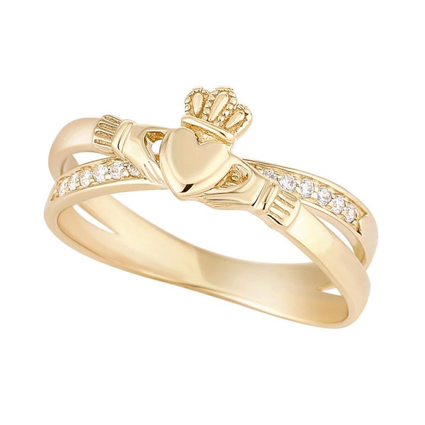 10K Gold CZ Claddagh Crossover Ring