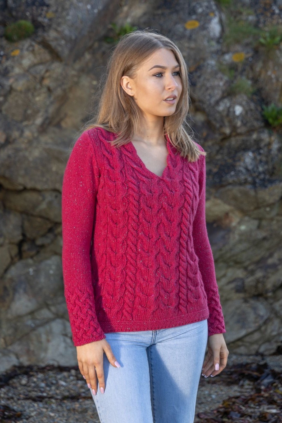 IrelandsEye Women s V Neck Aran Sweater Bramble Berry