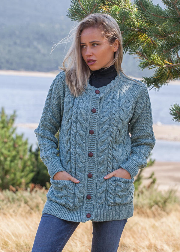 Merino Lumber Aran Cardigan | Aqua