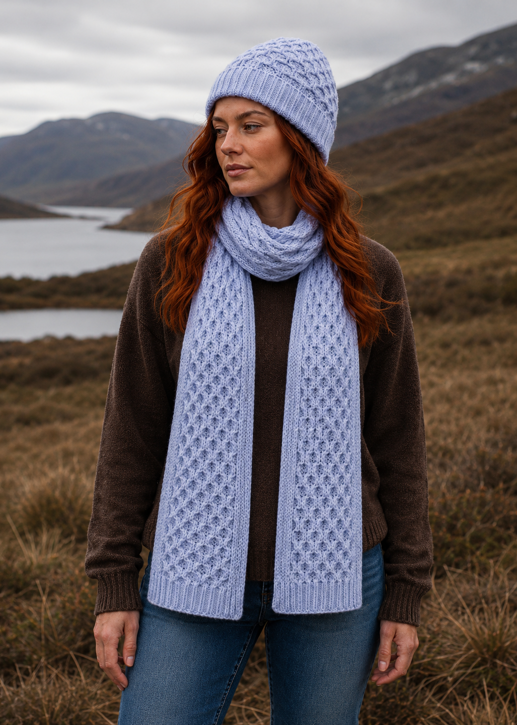Aran Merino wool Honeycomb Scarf | Sky Marl