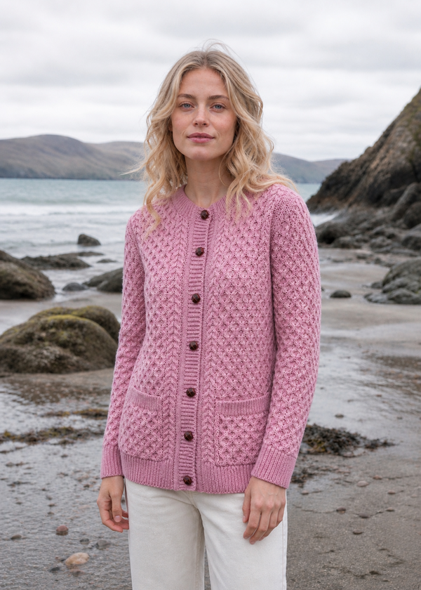 Women's Aran Merino Wool Lumber Cardigan - Rose Ash Pink