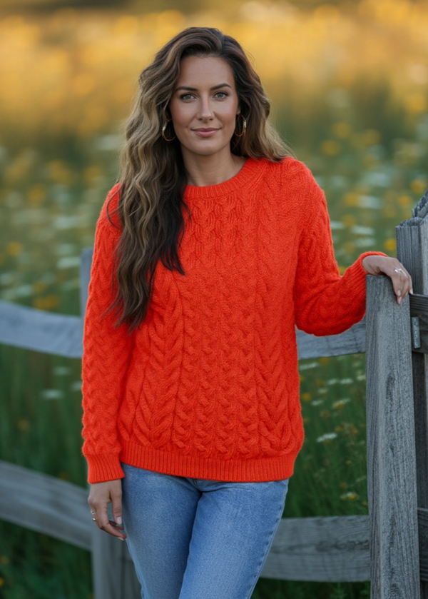 Aran Crew Neck Supersoft Sweater Coral 