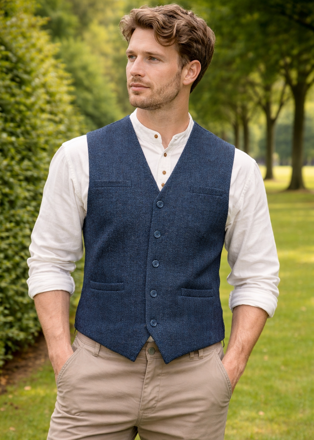 Navy Tweed Herringbone Waistcoat