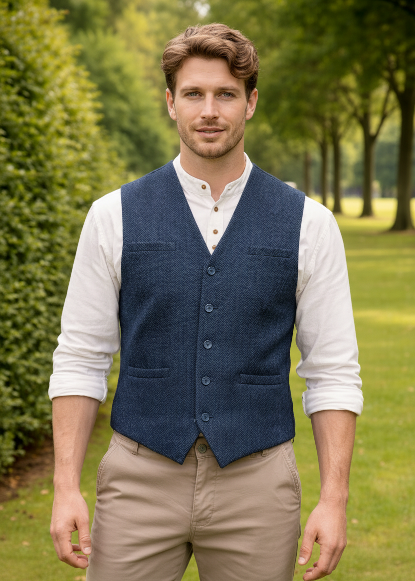 Navy Herringbone Tweed Waistcoat