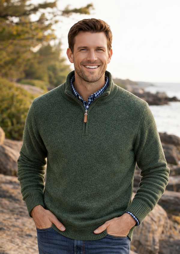 Men's 100% Lambswool Quarter Zip Sweater - Dark Green