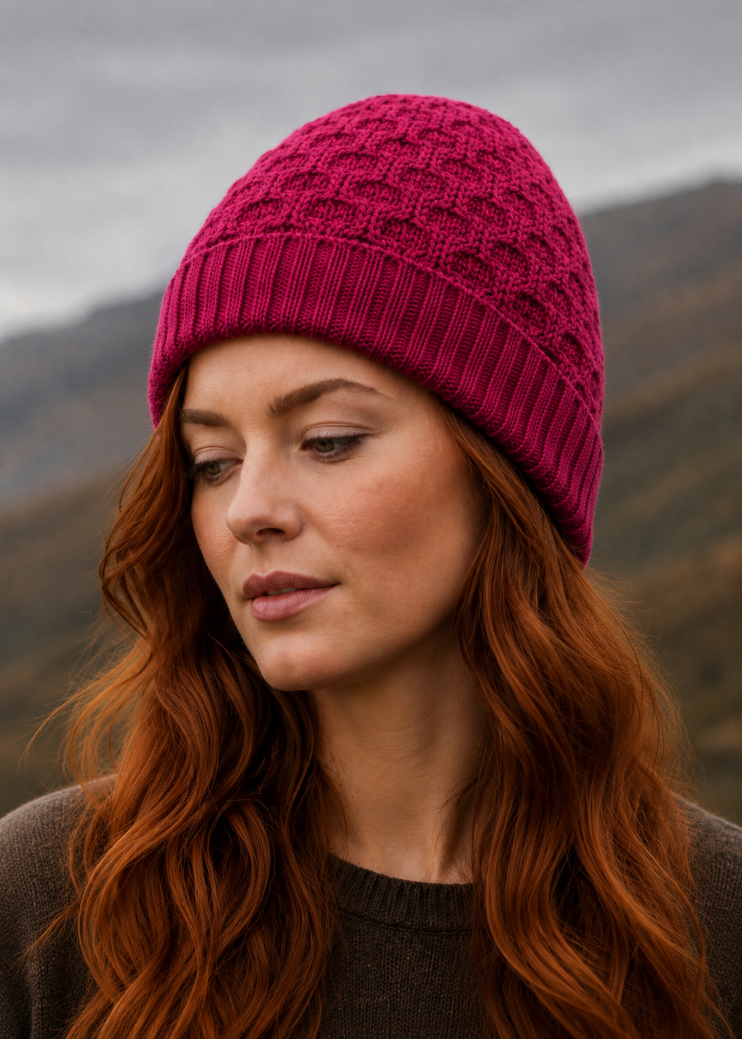 Aran Merino Wollmütze - Himbeermeliert