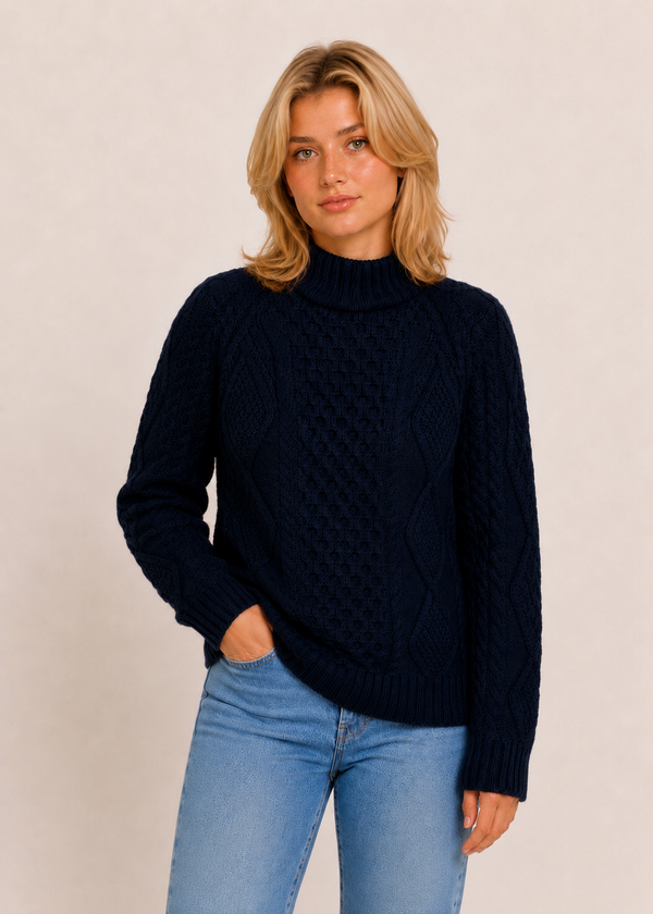 Merino Wool Cowl Neck Aran Sweater | Ocean