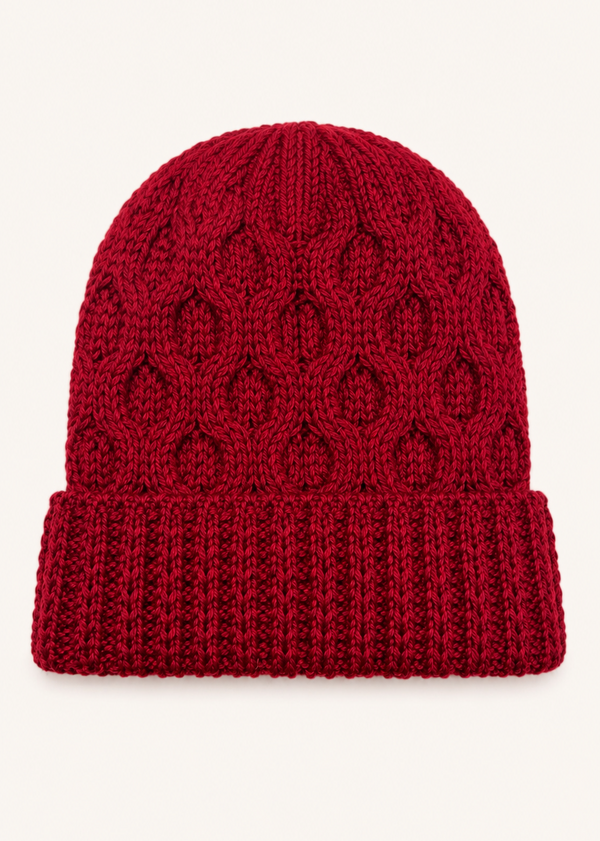 Aran Merino Wool Beanie Hat | Red