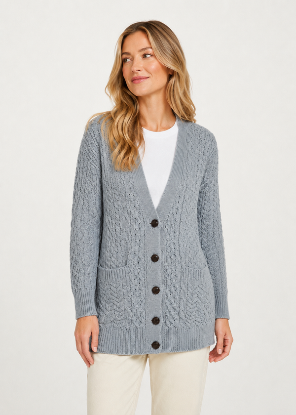 Delphi Aran Boyfriend Cardigan | Blue Grey - Clearance