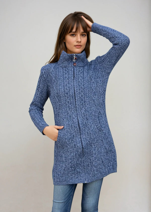 Aran Long Fitted Coat | Denim Marl