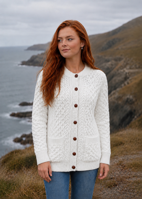 Aran Merino Wool Cable Knit Cardigan | Natural