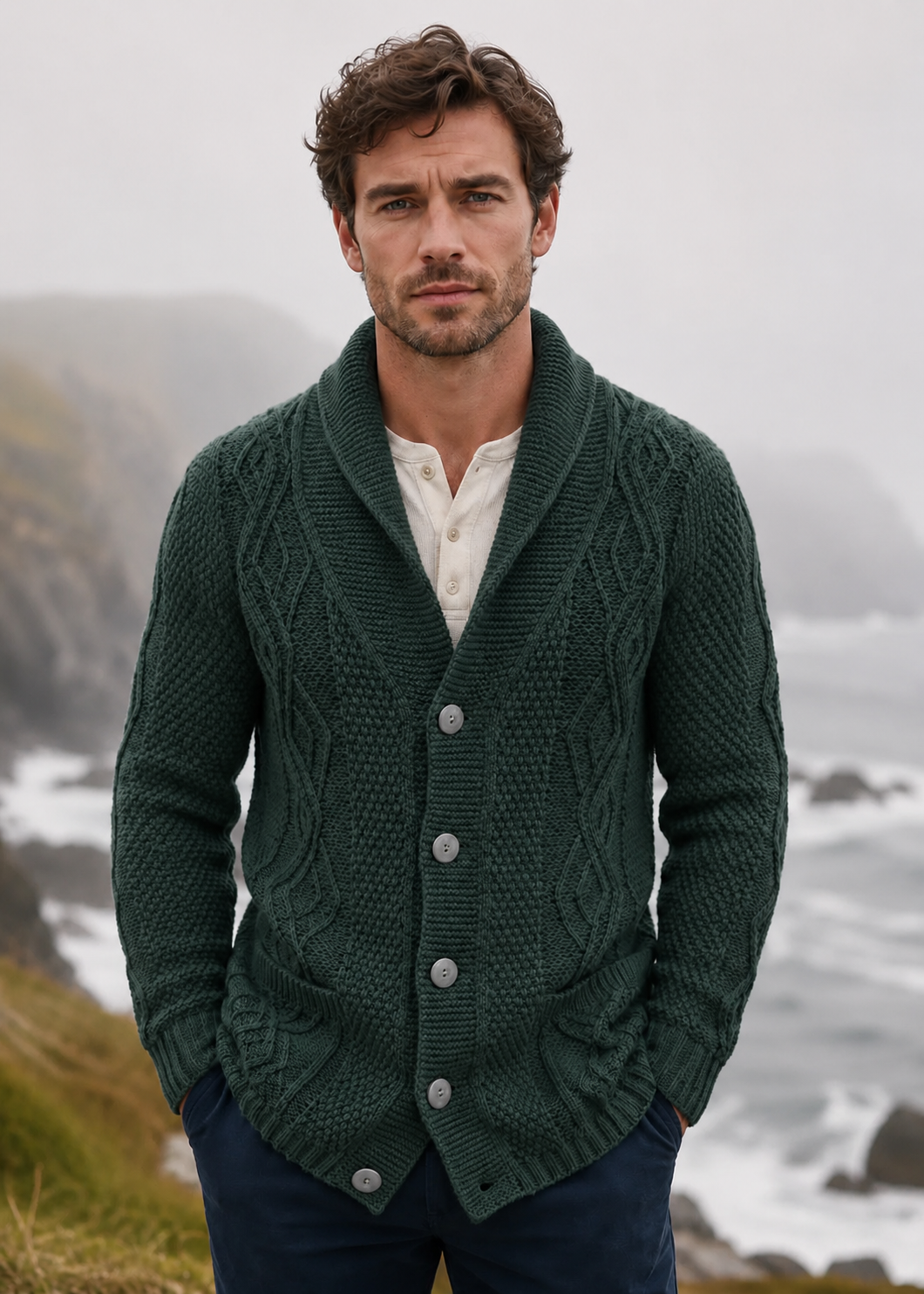 Men's Merino Wool Aran Cardigan | Green