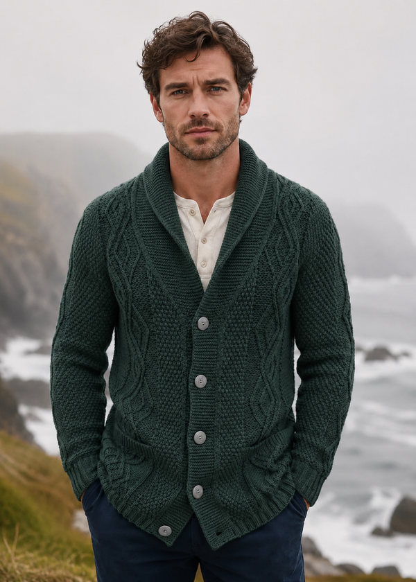 Men's Merino Wool Aran Cardigan | Green
